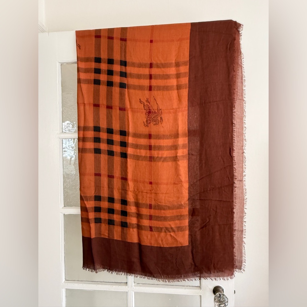 Burberry Silk & Wool Lightweight Wool Scarf Burnt Orange / Mahogany Brown 55x55